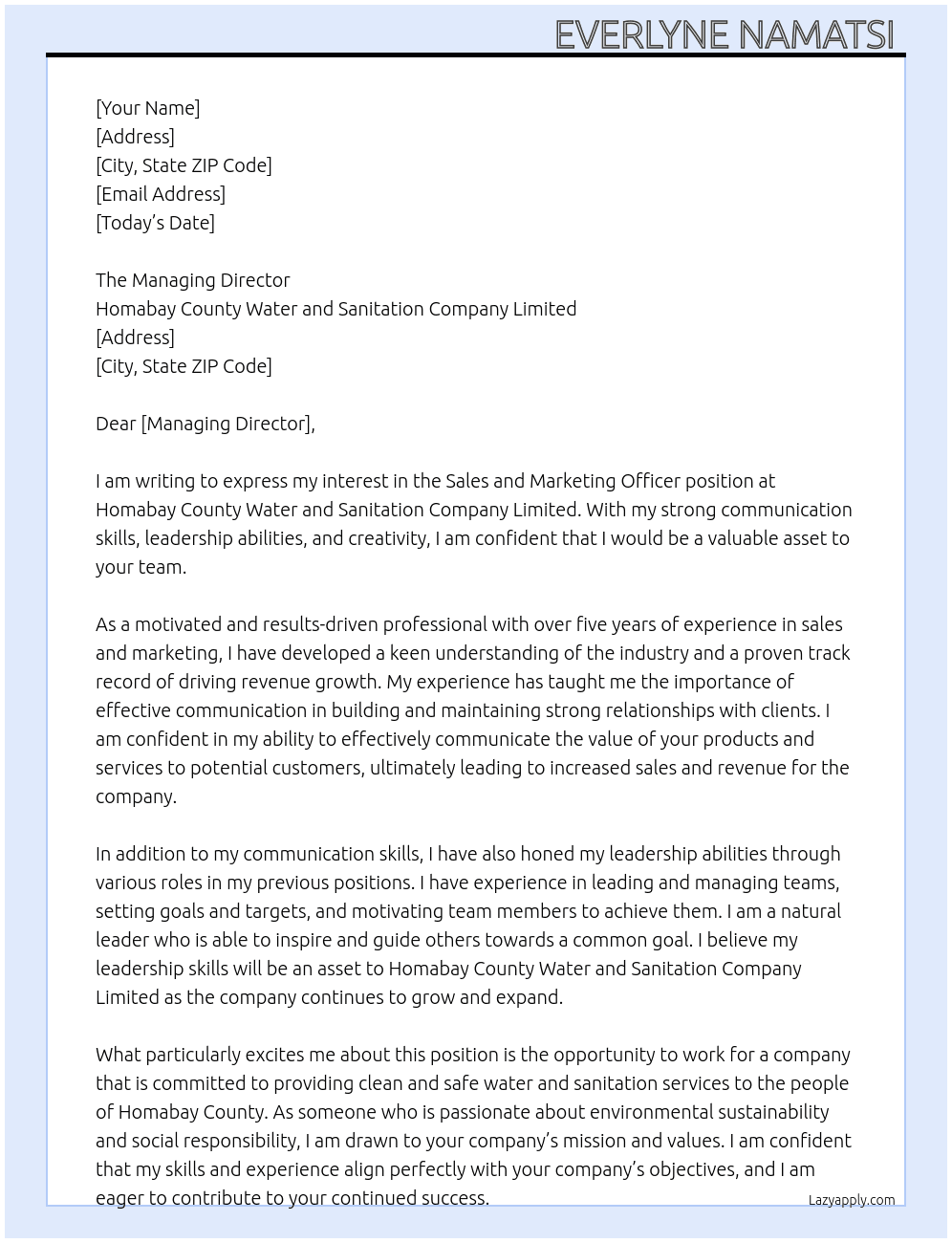 Sales and marketing officer  At Homabay County Water and Sanitation company limited  Cover Letter