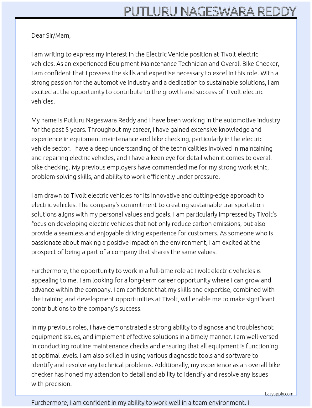 Electric vehicle  At Tivolt electric vehicles Cover Letter