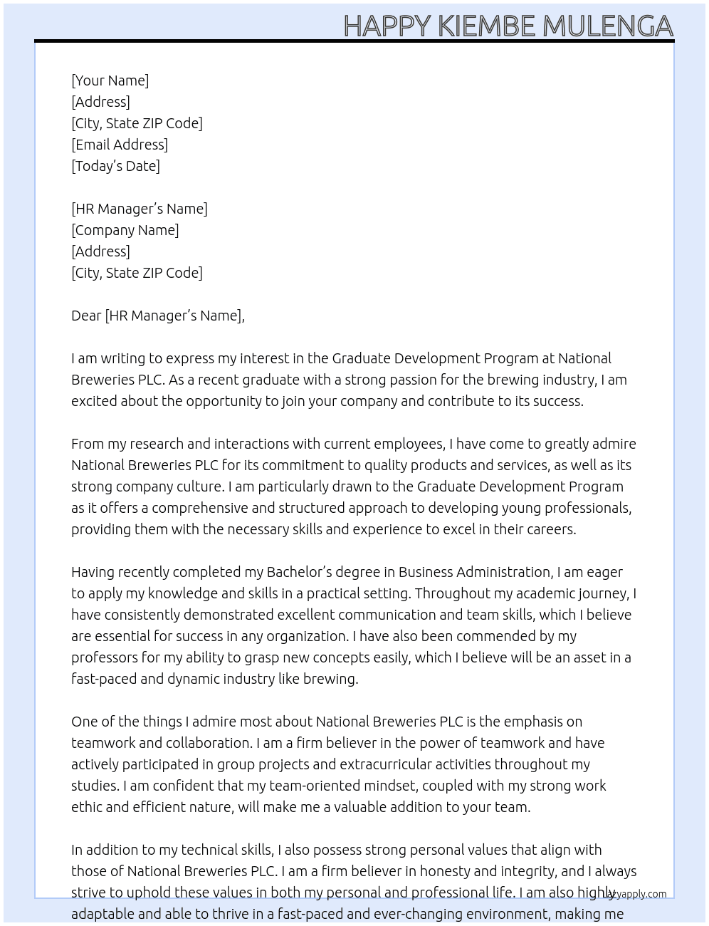 Graduate development program  At National Breweries PLC Cover Letter
