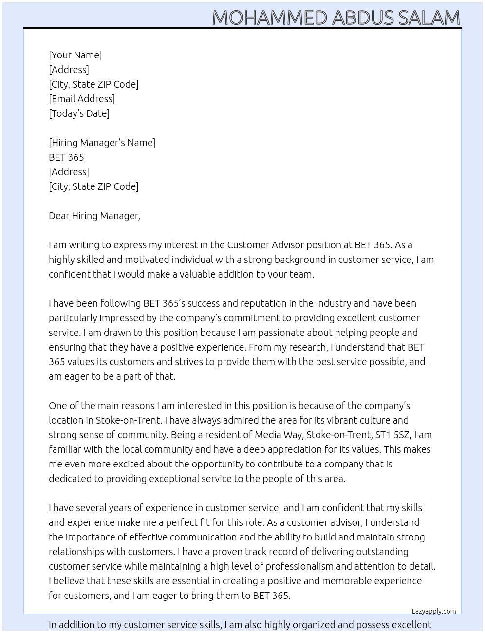 Customer advisor At BET 365 Cover Letter