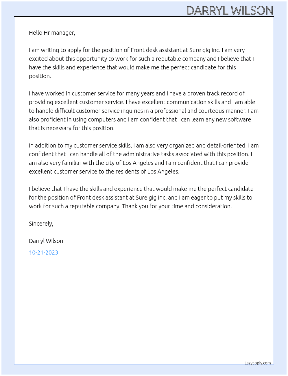 Front desk assistant  At Sure gig inc Cover Letter
