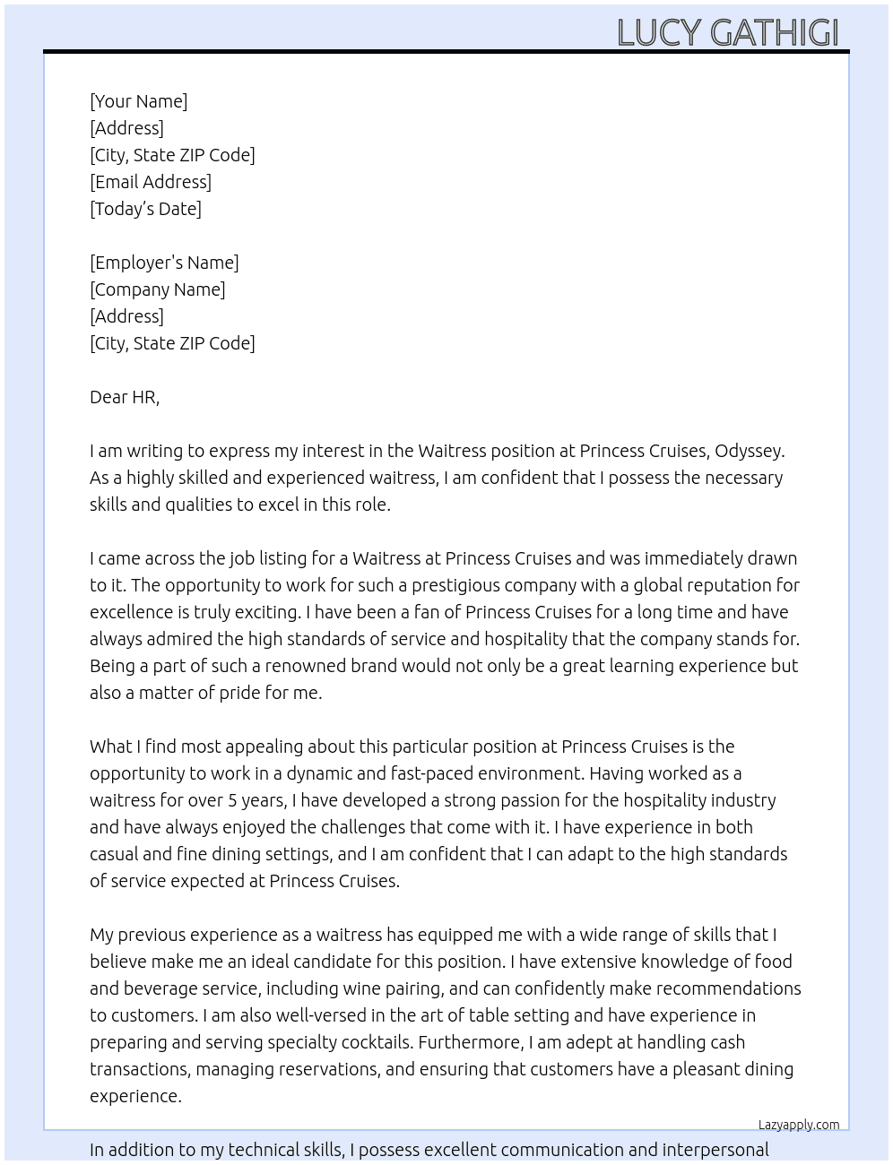 Waitress  At Princess Cruises , Odyssey  Cover Letter