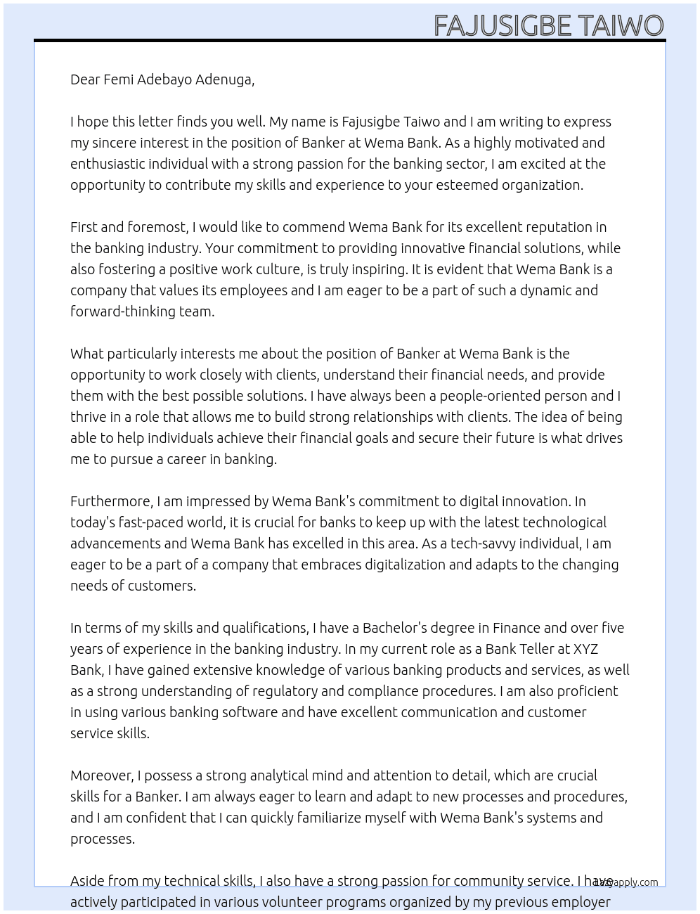 Banker At Wema bank Cover Letter