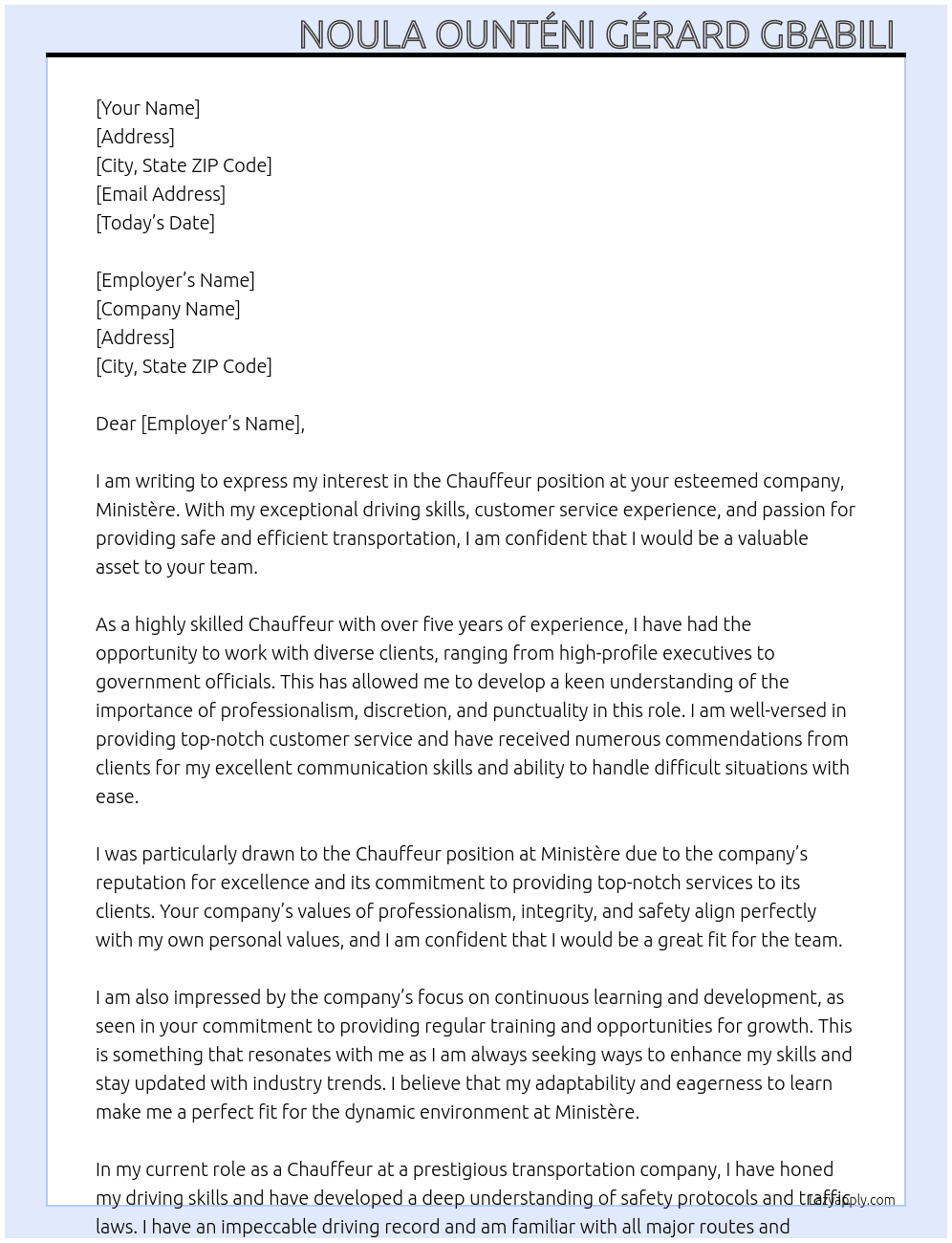 Chauffeur  At Ministère  Cover Letter
