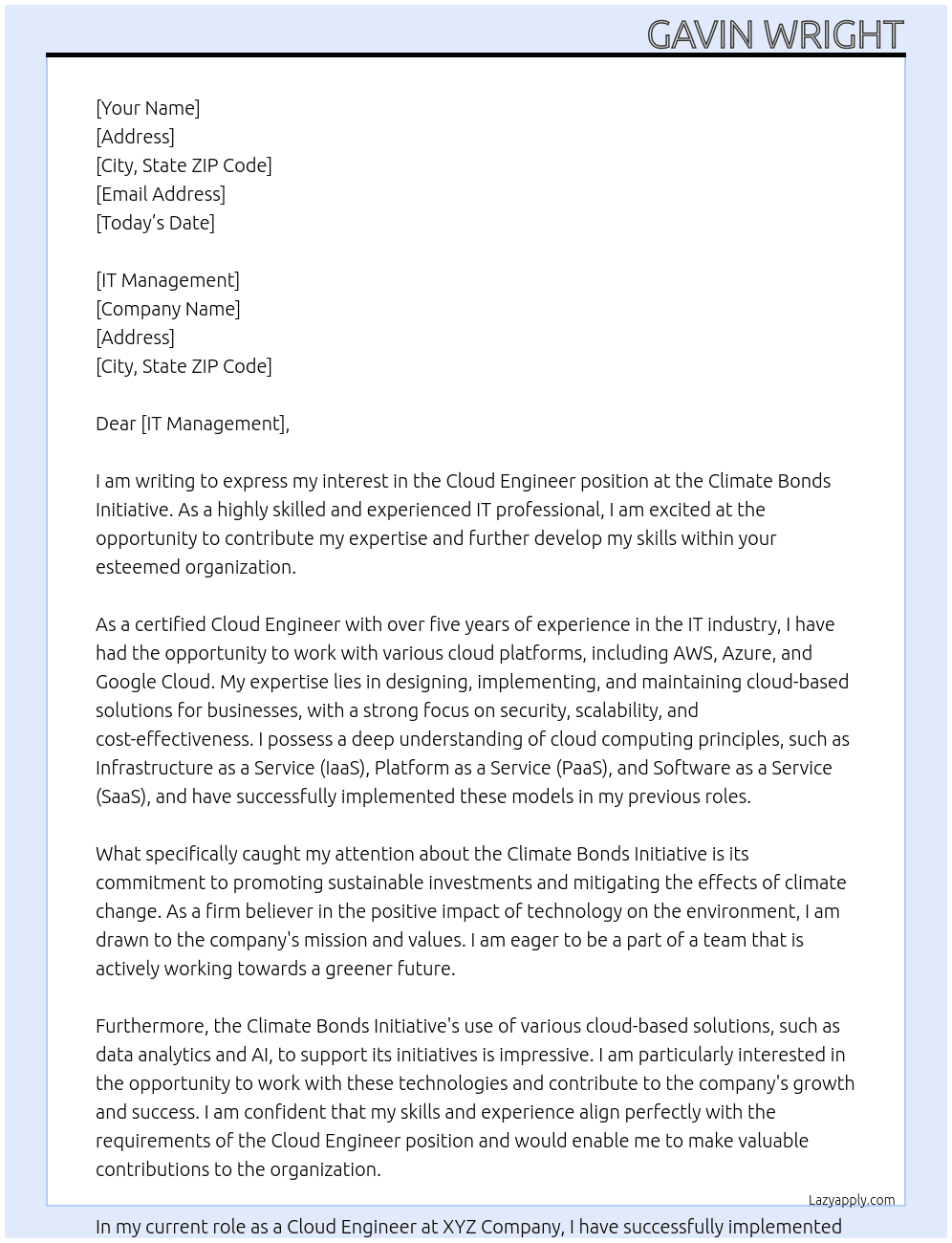 Cloud Engineer At Climate Bonds Initiative Cover Letter