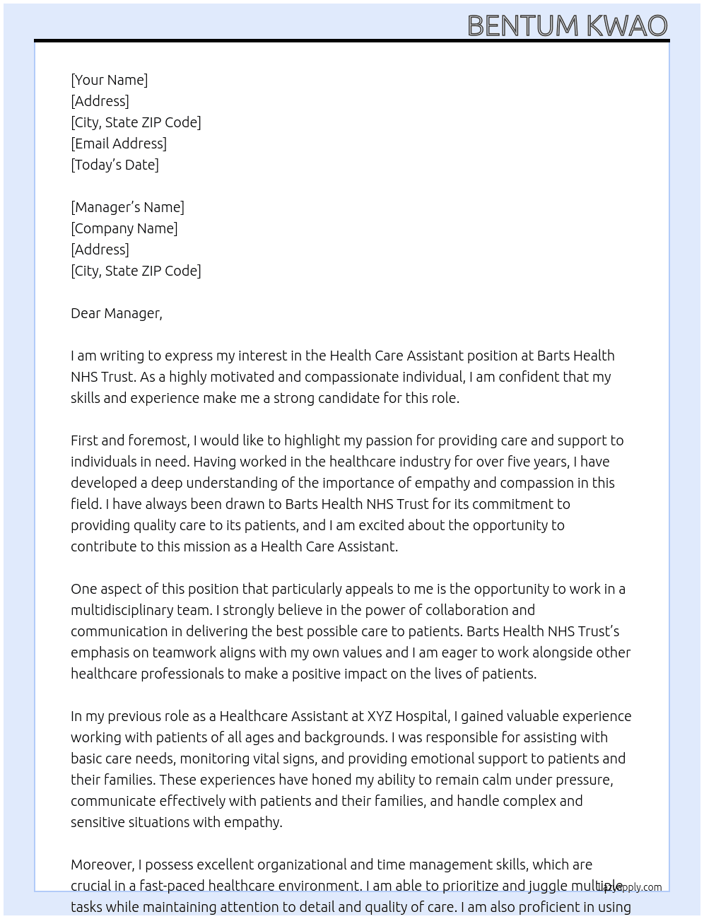 Health Care Assistant At Barts Health NHS Trust Cover Letter