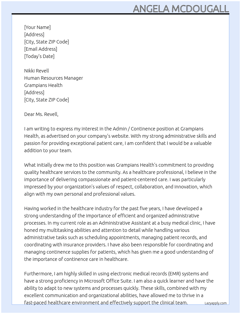 Admin /continence At Grampians Health  Cover Letter