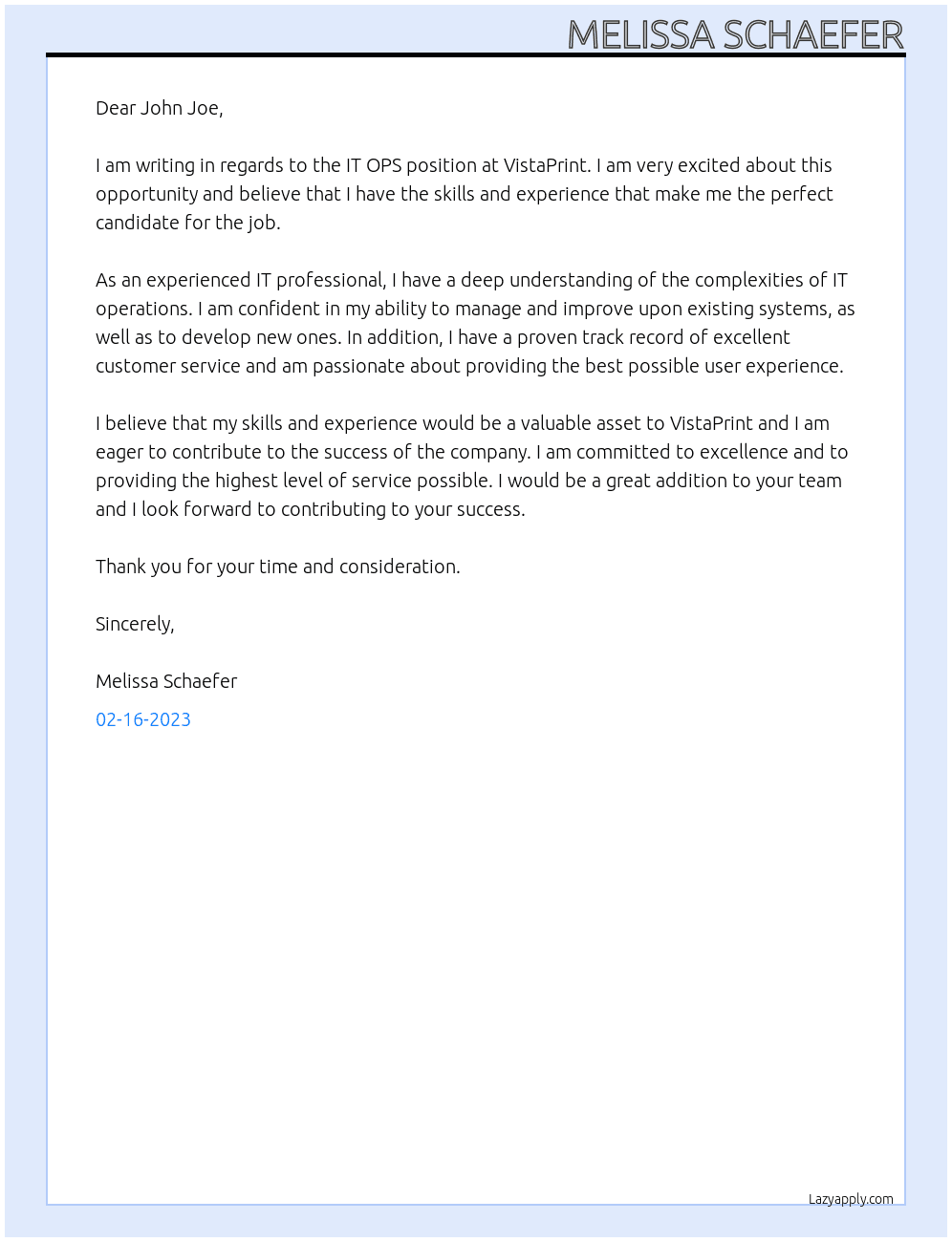 IT OPS At VistaPrint Cover Letter