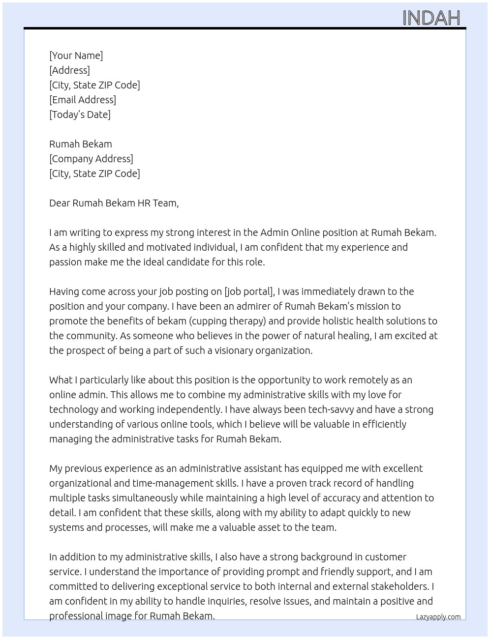 admin online  At rumah bekam Cover Letter
