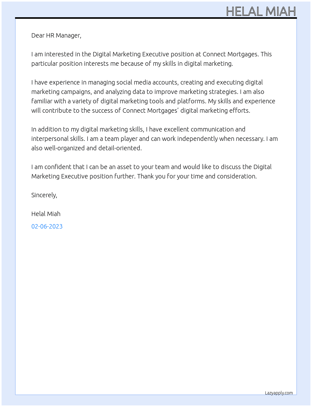 Digital Marketing Executive At Connect Mortgages Cover Letter