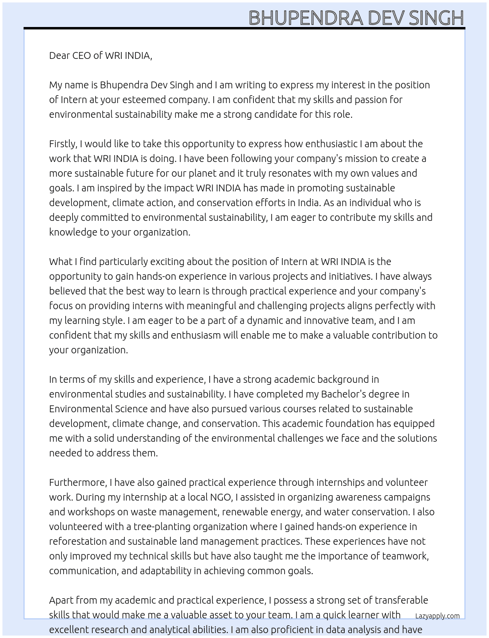 Intern At WRI INDIA Cover Letter
