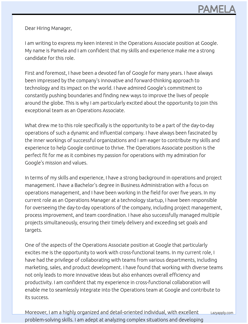 Operations Associate At Google Cover Letter