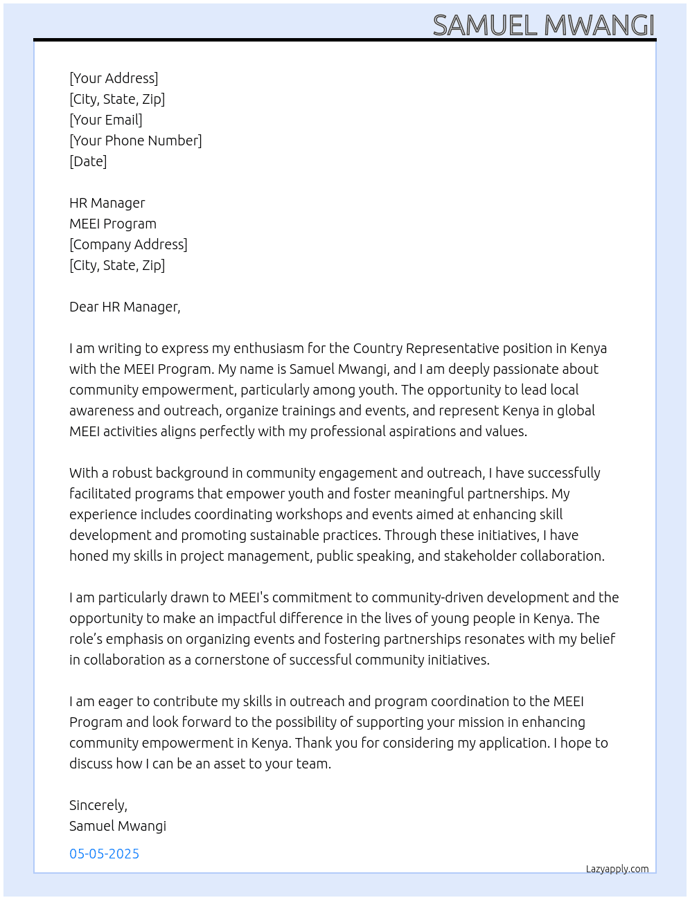 Country Representative kenya At MEEI Program Cover Letter