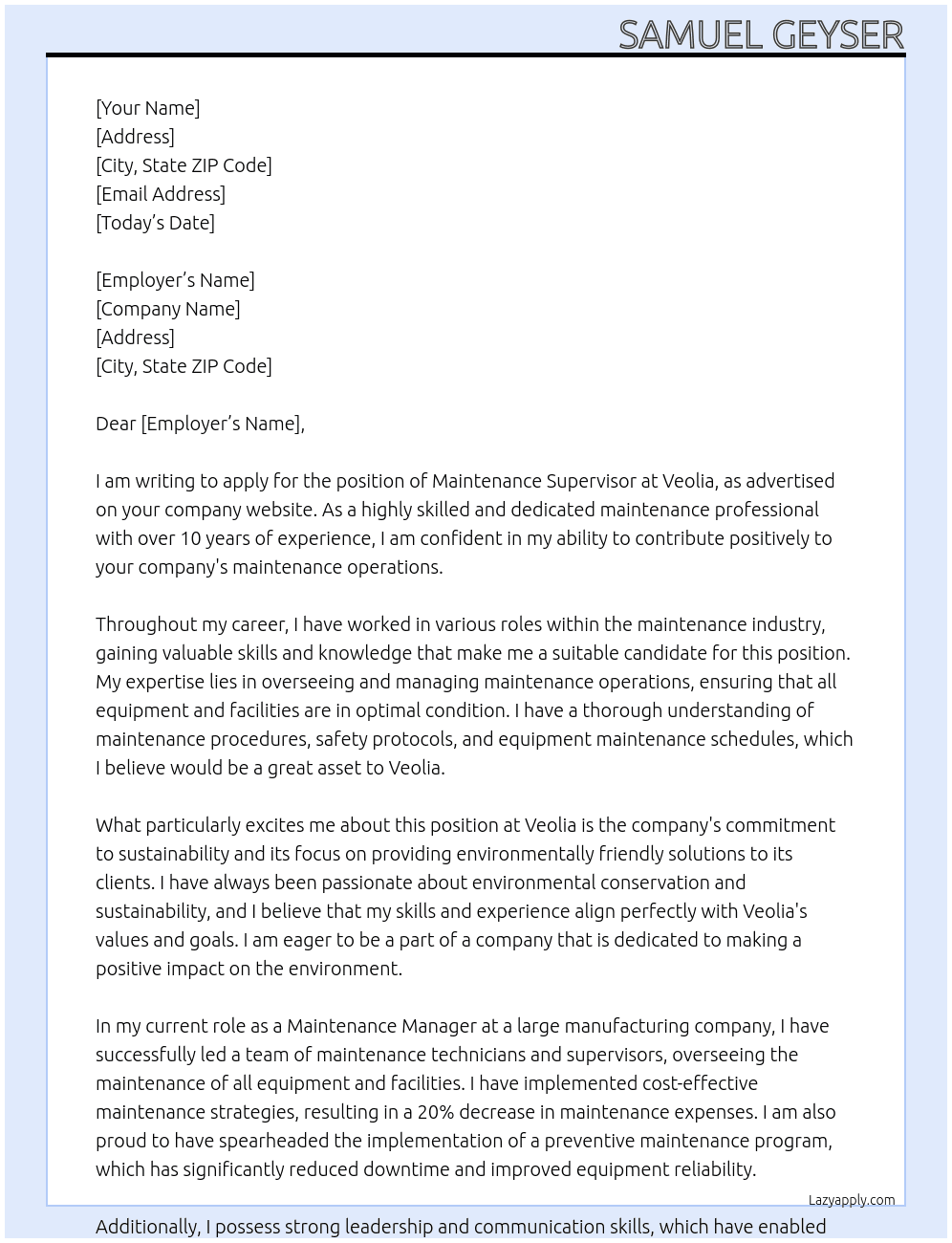 Maintenance Supervisor At Veolia Cover Letter