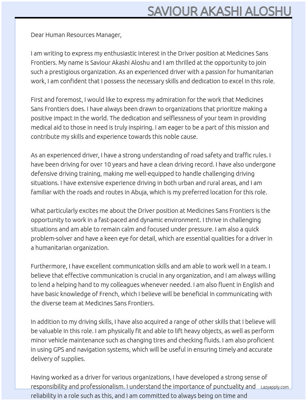 Driver  At Medicines Sans Frontiers  Cover Letter