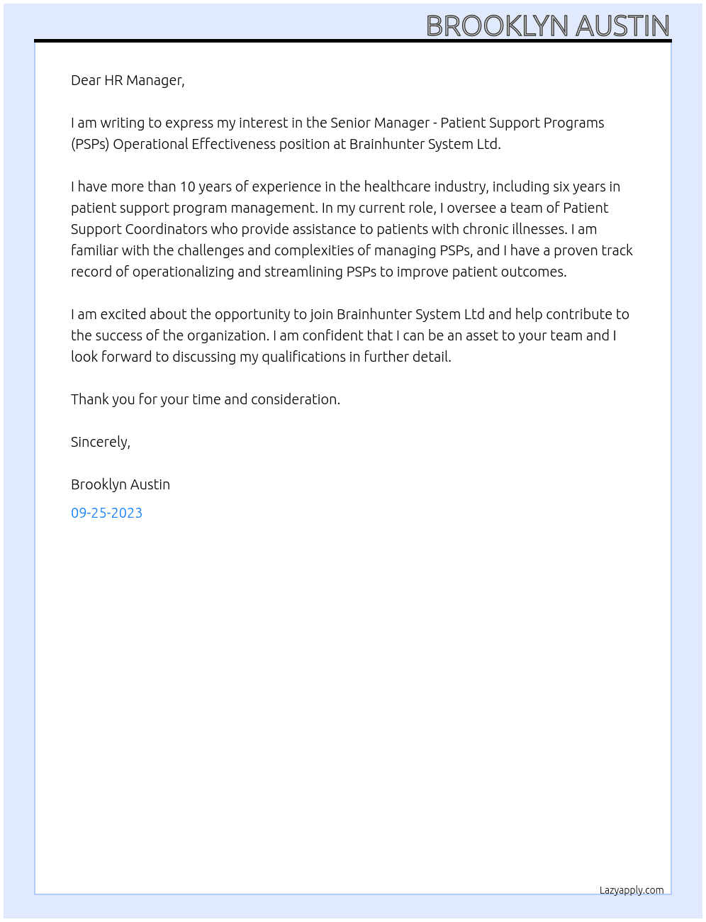 Senior Manager - Patient Support Programs (PSPs) Operational Effectiveness At Brainhunter System Ltd Cover Letter