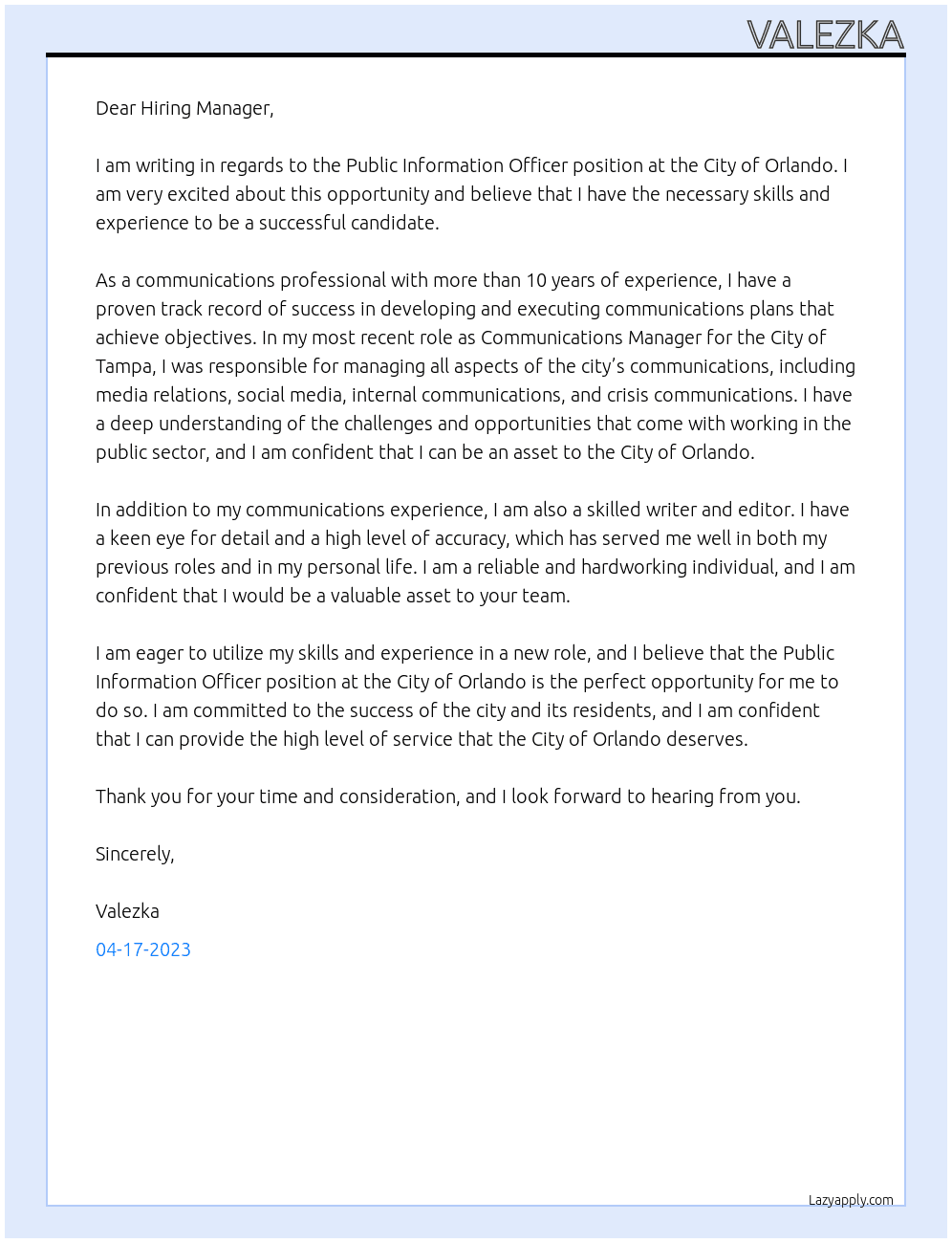 Public Information Officer At City of Orlando Cover Letter