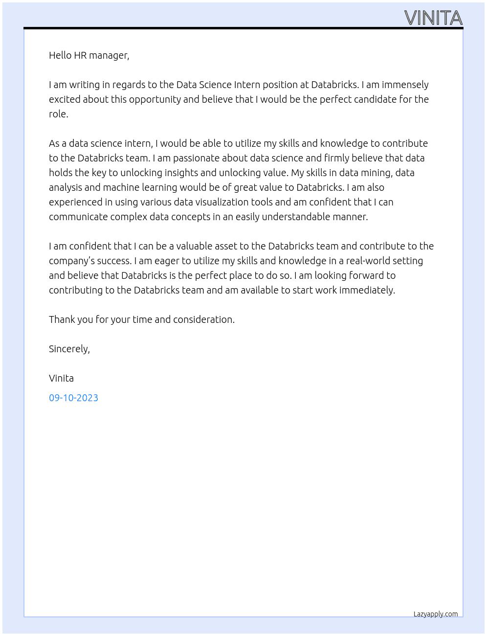 Data Science Intern At databricks Cover Letter