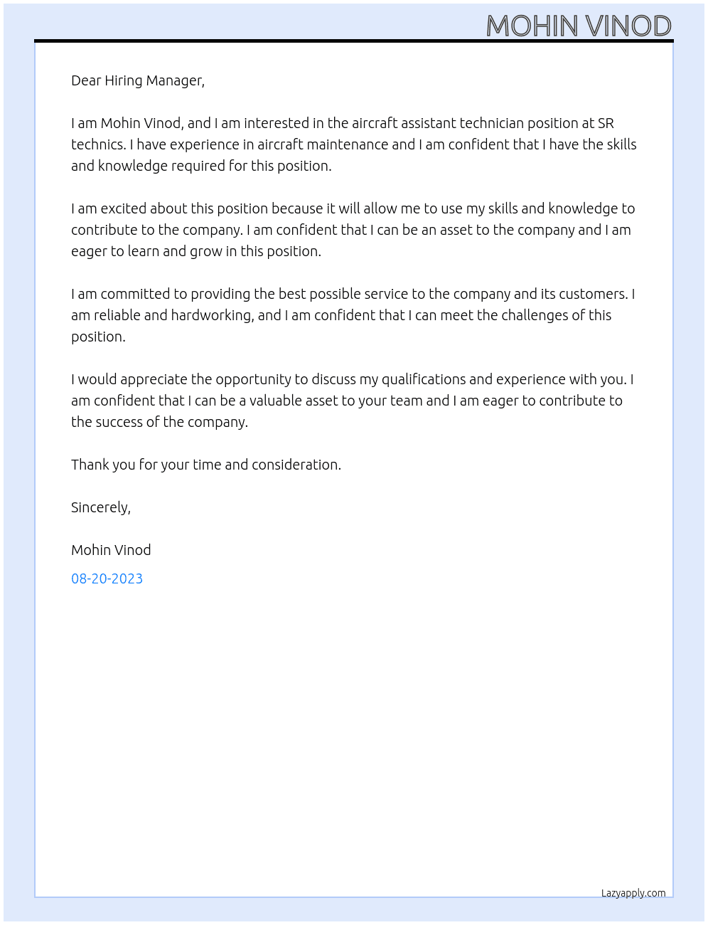 aircraft assistant technician At SR technics Cover Letter