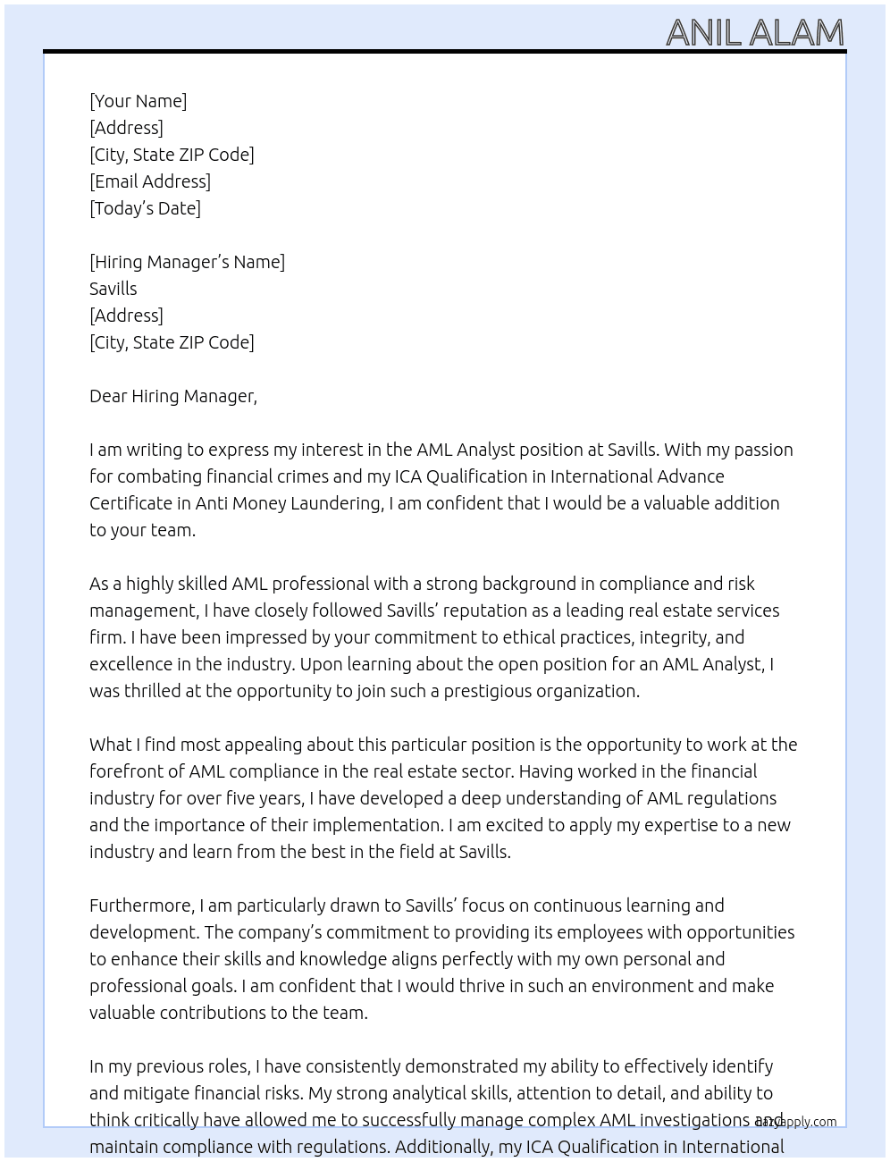 AML Analyst At Savills  Cover Letter