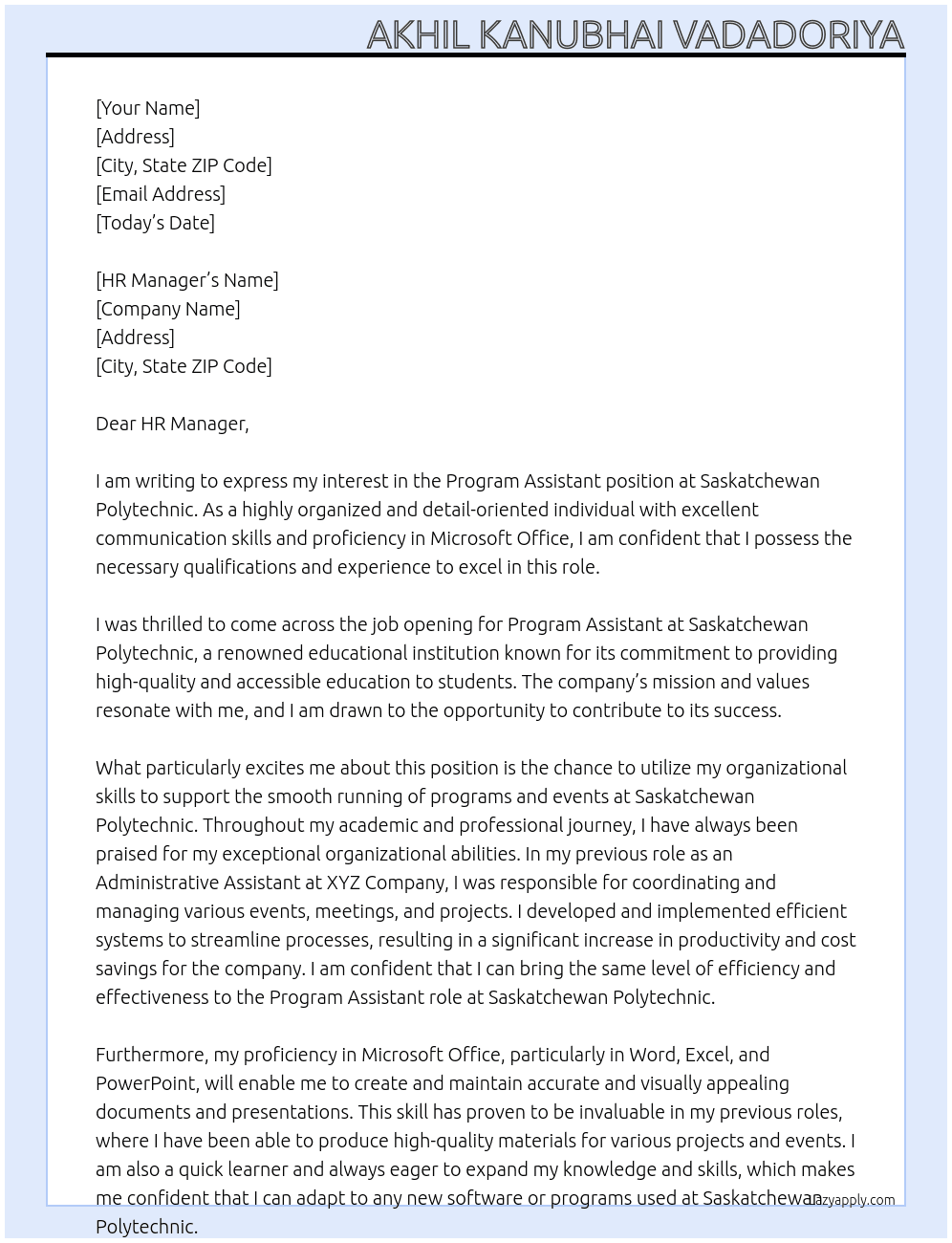 Program Assistant At Saskatchewan Polytechnic Cover Letter