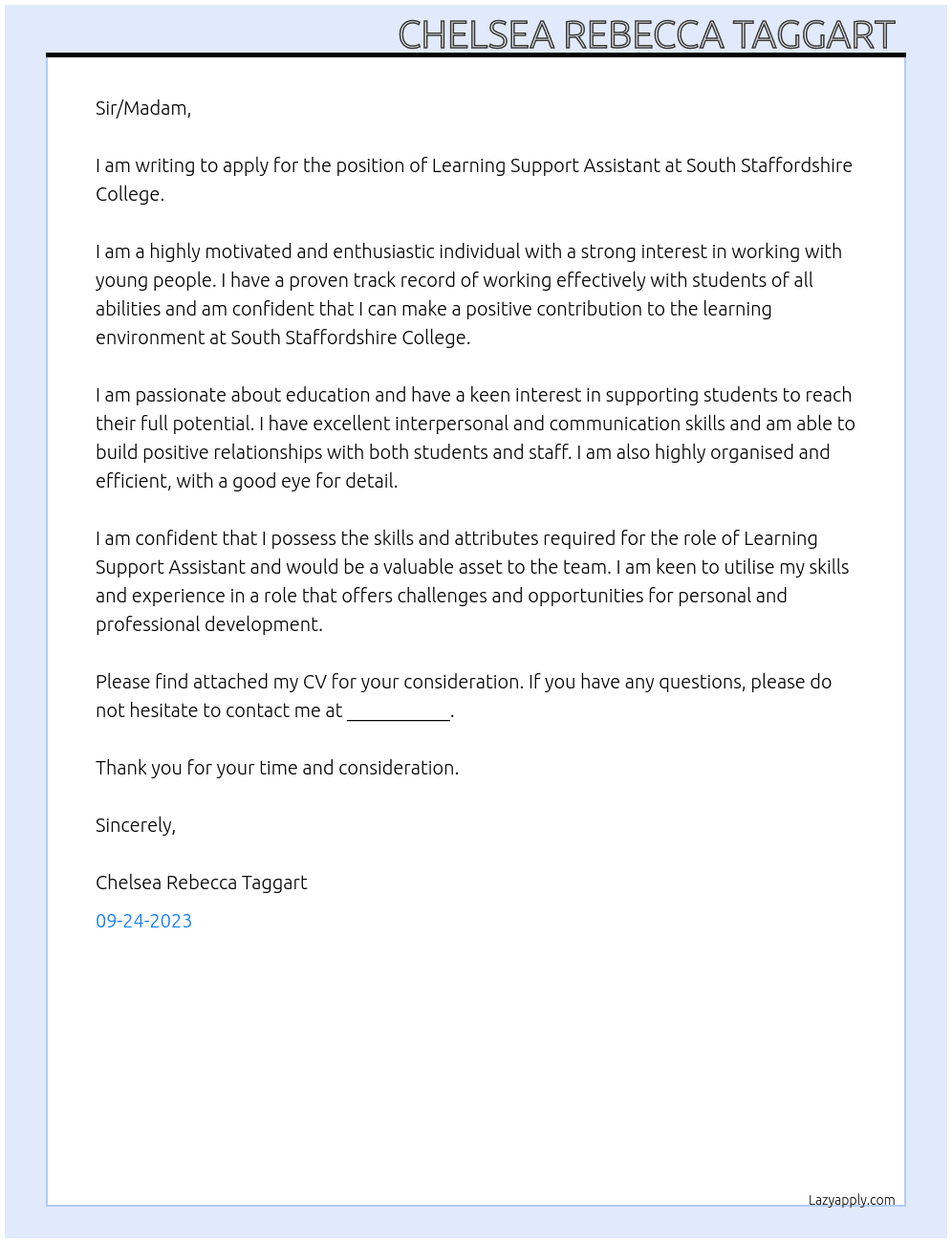 Learning support assistant  At South Staffordshire college  Cover Letter