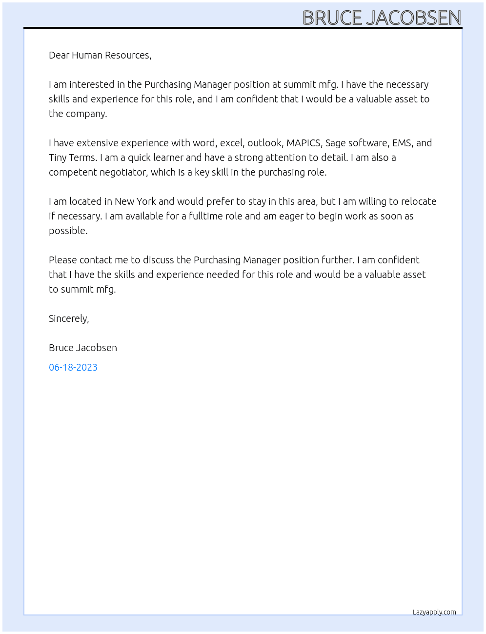 Purchasing Manager At summit mfg Cover Letter