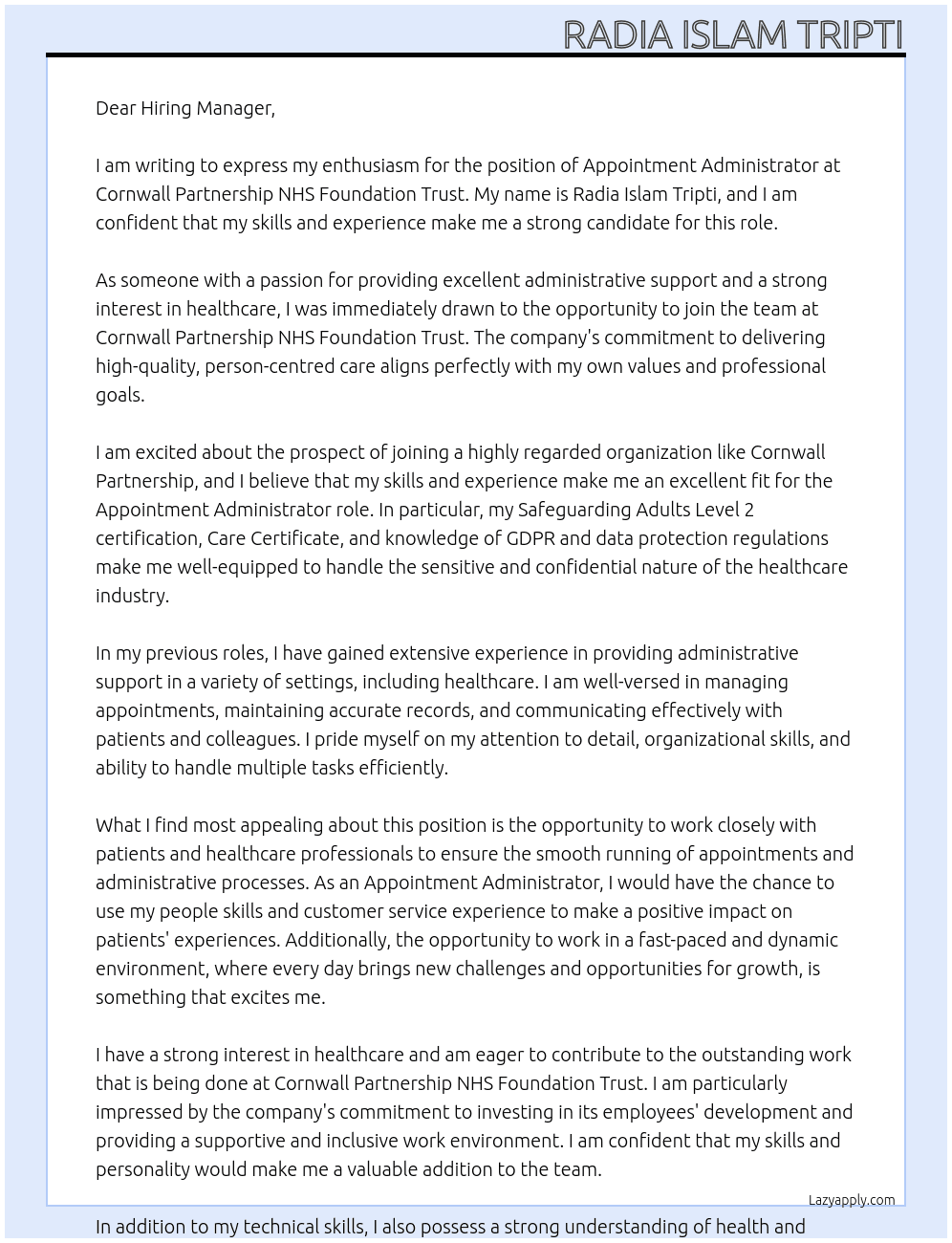 Administration  At Cornwall Partnership NHS Foundation Trust  Cover Letter