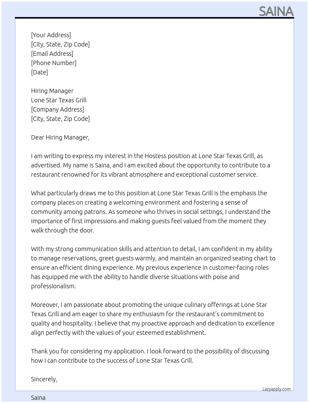 Hostess At Lone Star Texas Griill Cover Letter