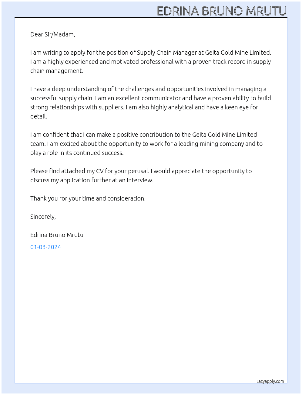 supplier At GEITA GOLD MINE LIMITED  Cover Letter