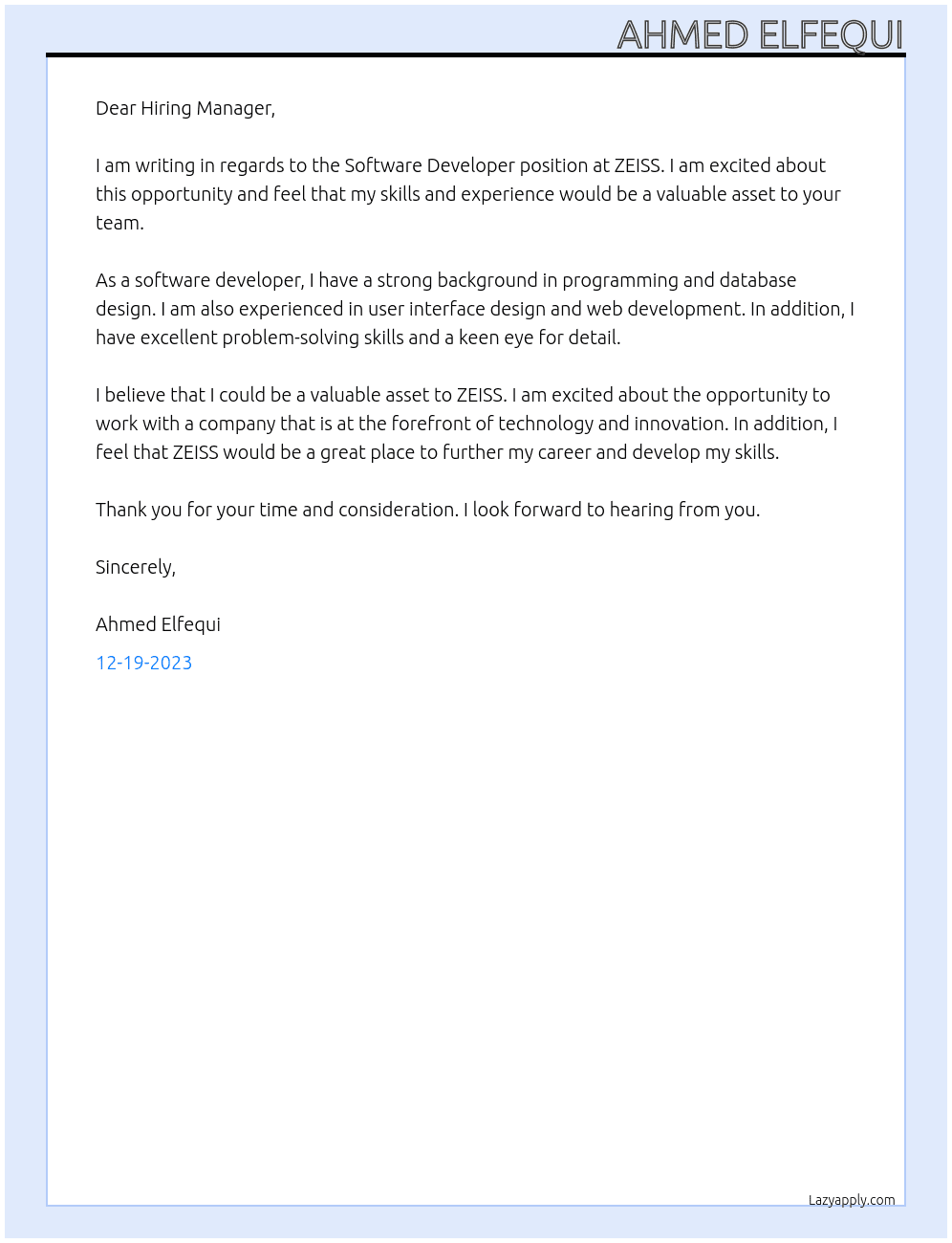 Software Developer At ZEISS Cover Letter