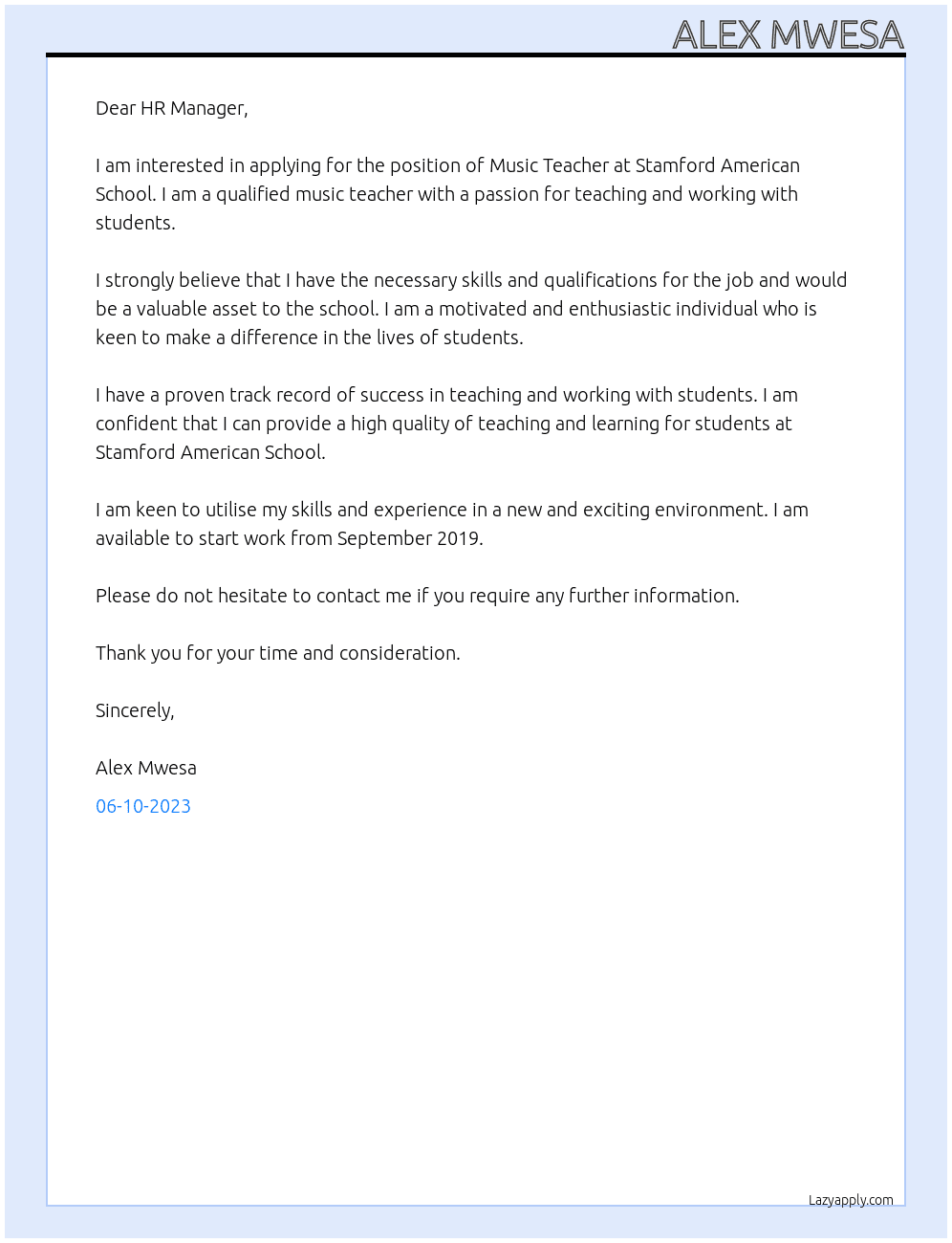 Music Teacher At Stamford American School Cover Letter
