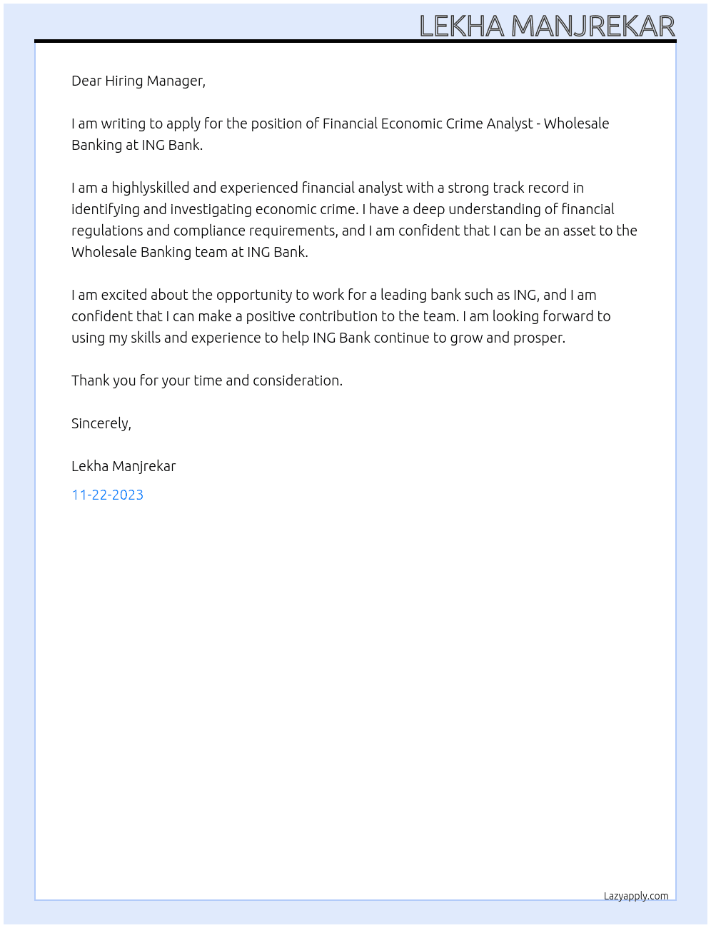 Financial Economic Crime Analyst - Wholesale Banking At ING Bank Cover Letter