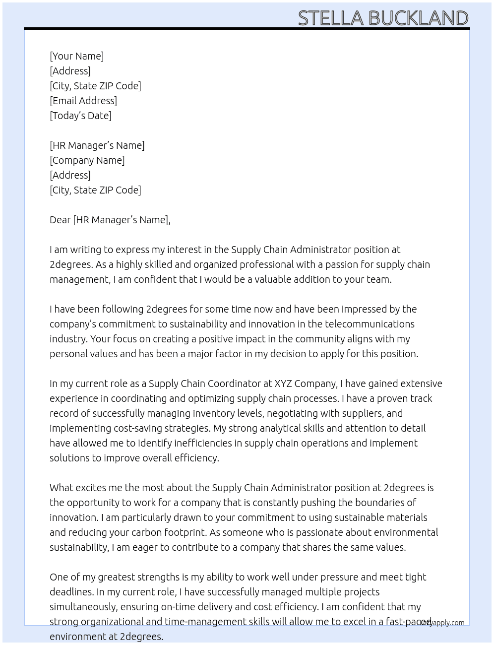 Supply Chain Administrator At 2degrees Cover Letter
