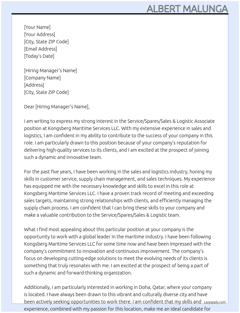 Service /Spares/Sales & Logistic Associate At  Kongsberg Maritime services LLC Cover Letter