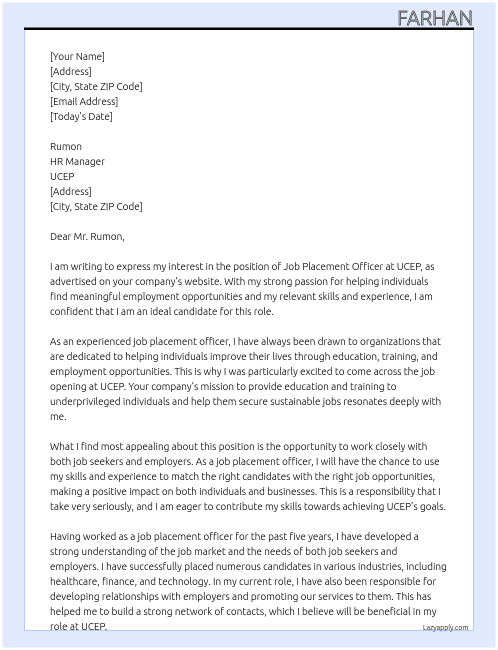 job placement officer At ucep Cover Letter