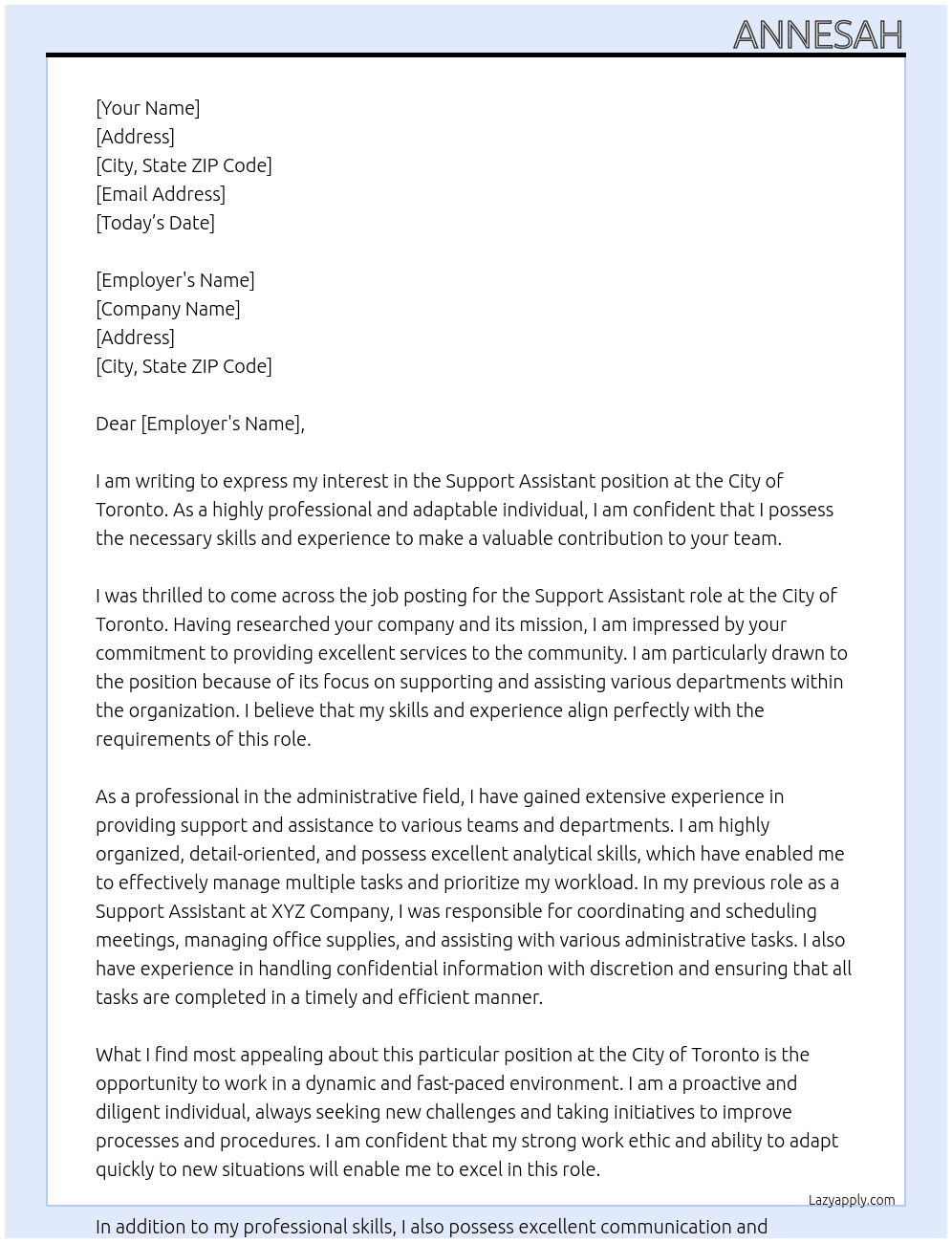 Support Assistant  At City of Toronto Cover Letter