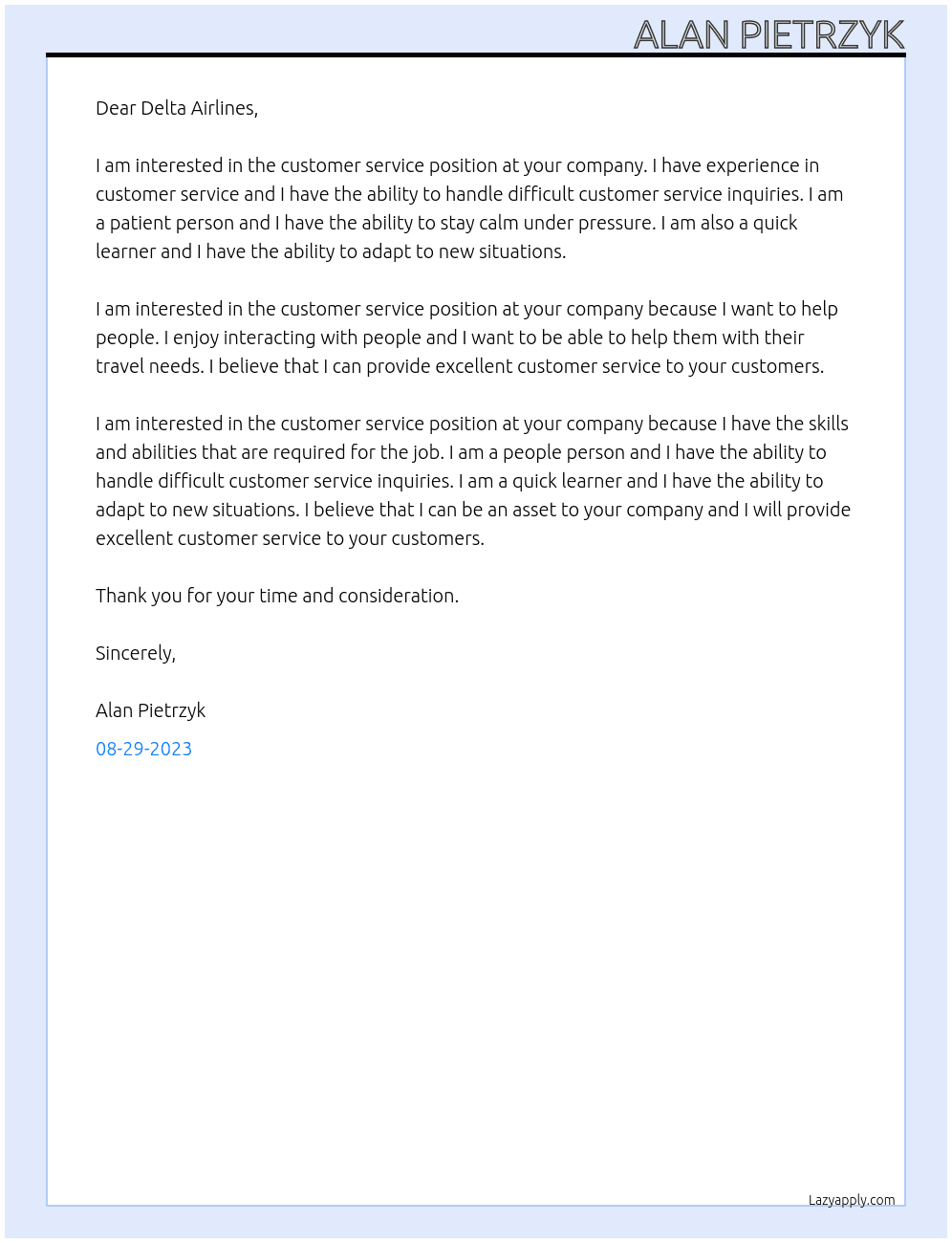 Customer Service At Delta Airlines Cover Letter