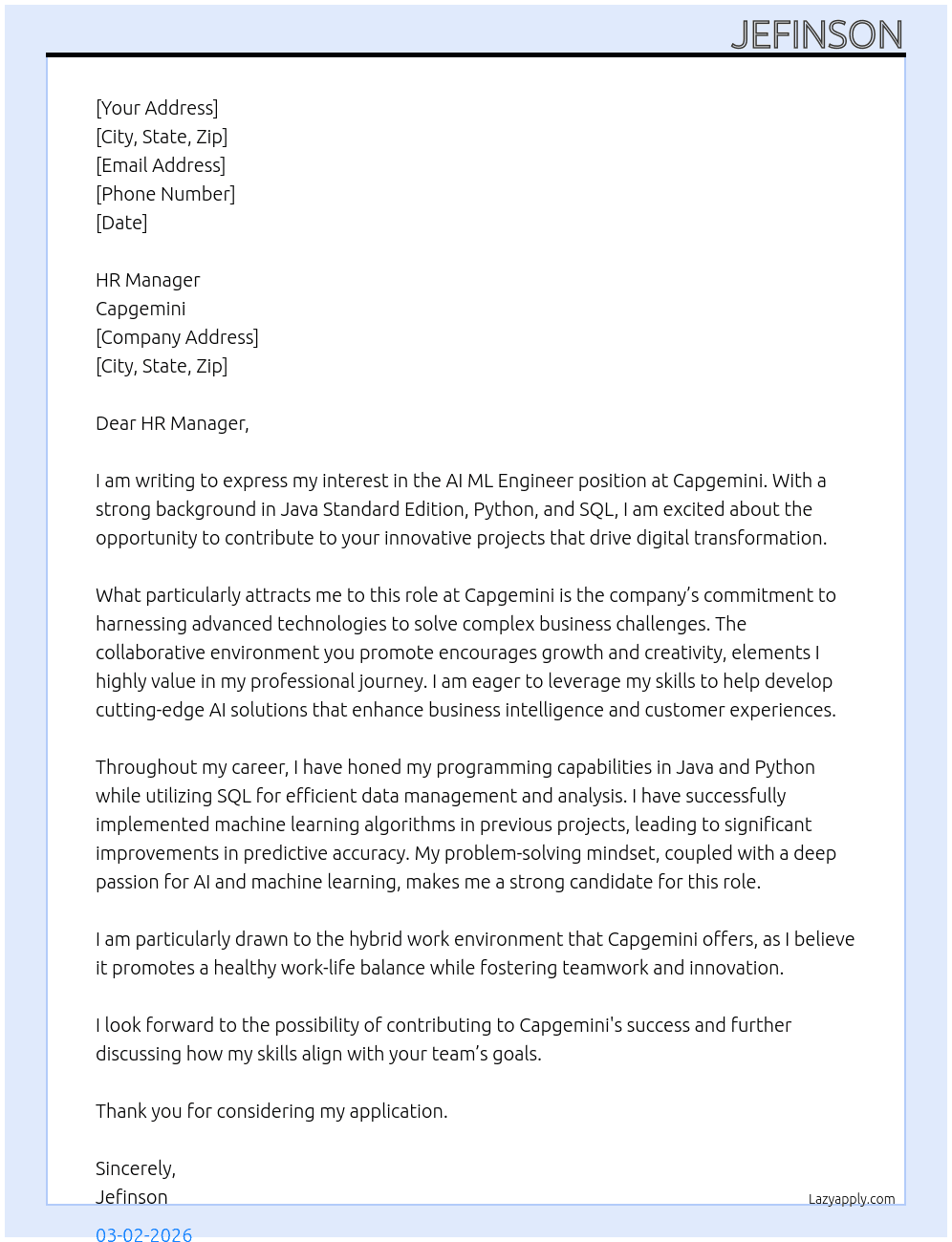 Cover letter for ai ml engineer - LazyApply