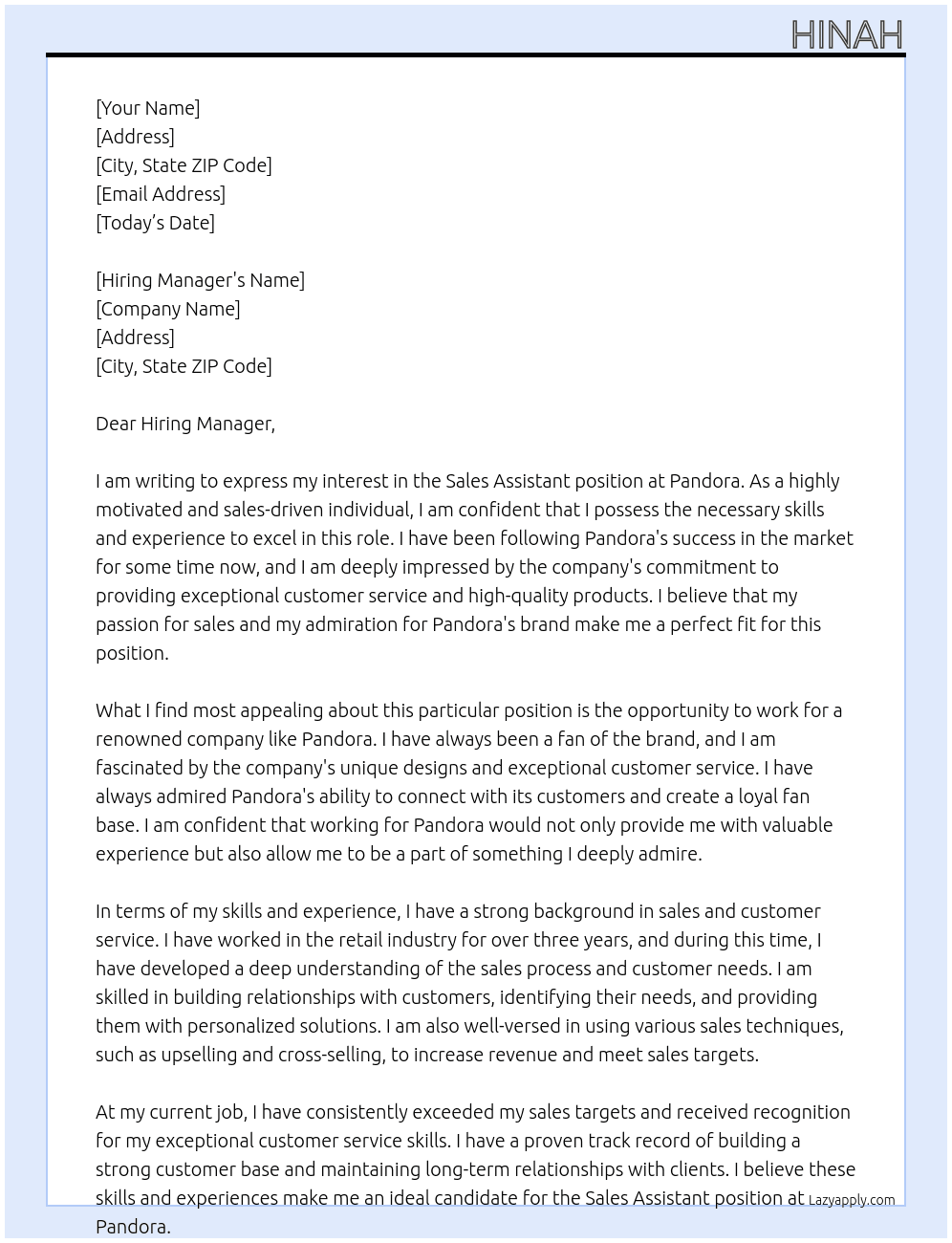 Sales assistant At Pandora Cover Letter