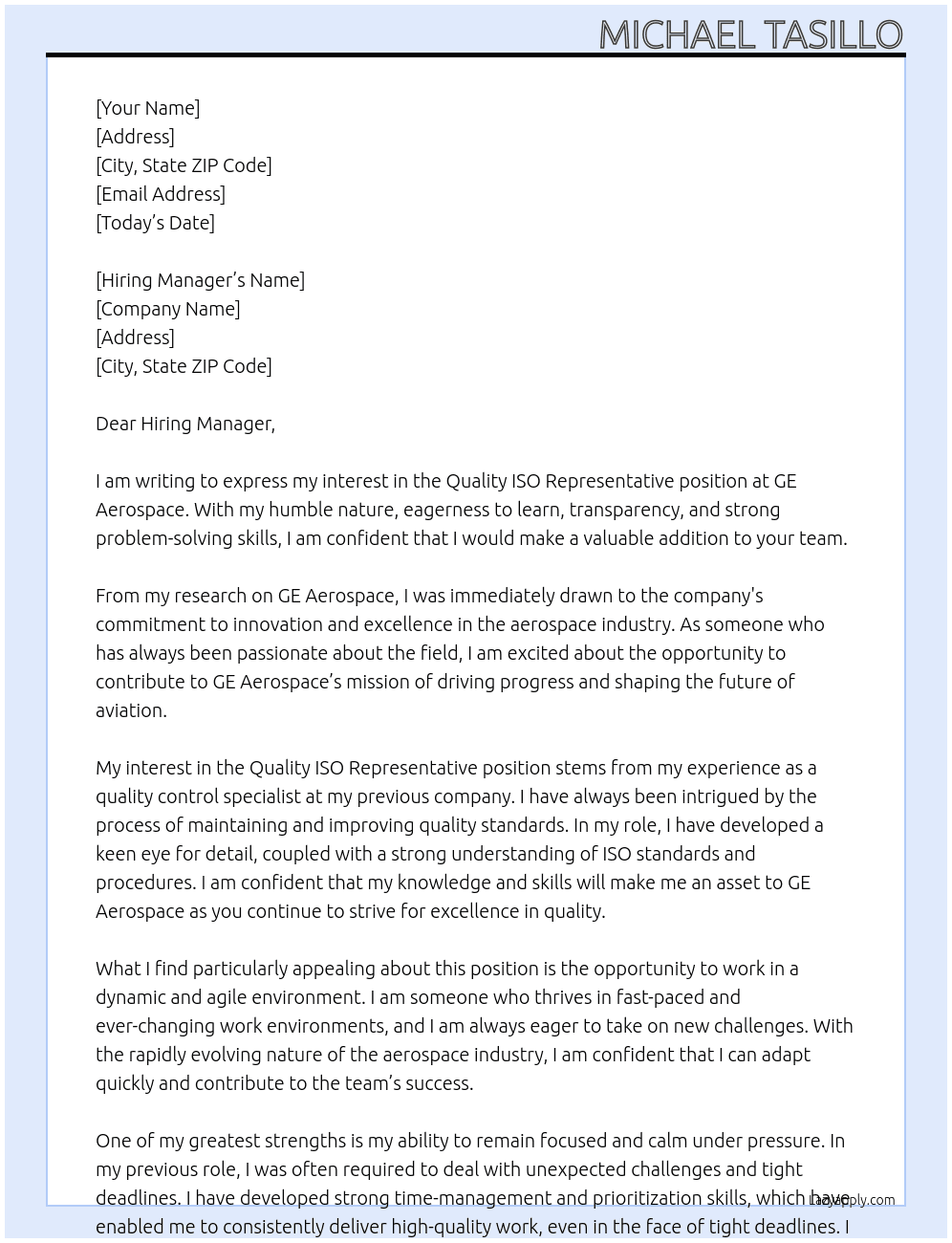Quality ISO Representative At GE Aerospace Cover Letter