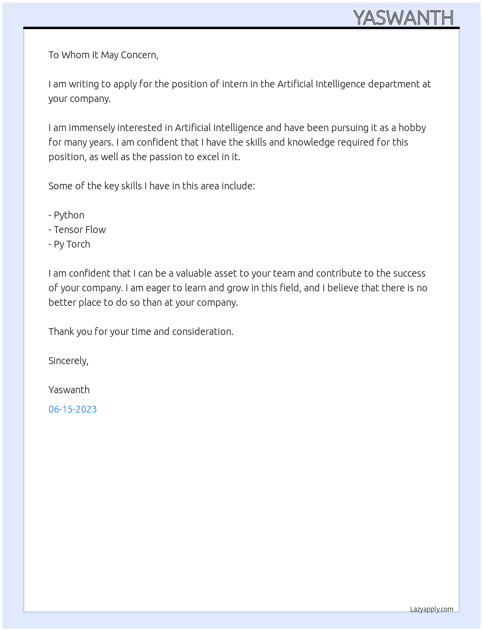 Artificial intelligence  At Artificial intelligence  Cover Letter