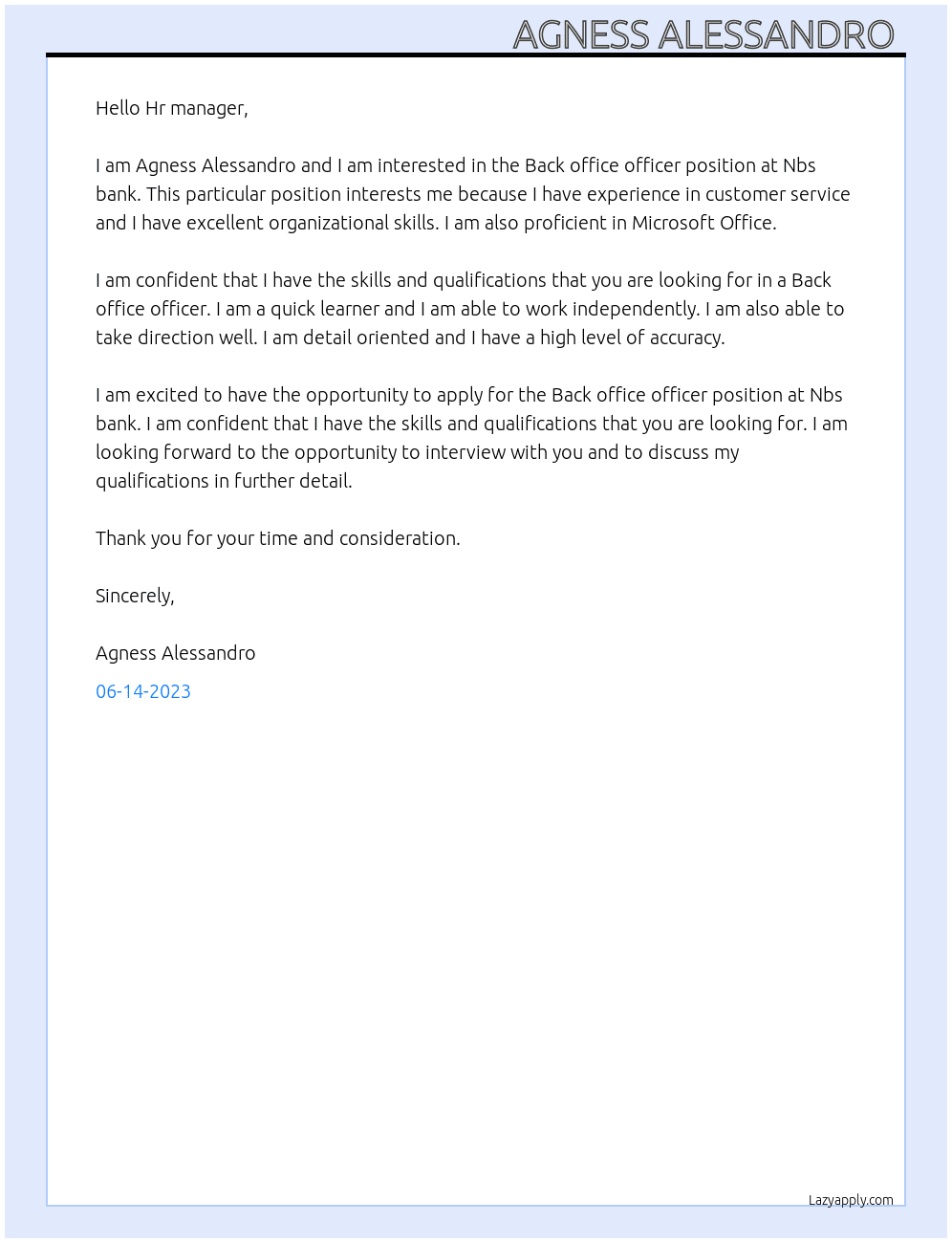 Back office officer At Nbs bank Cover Letter
