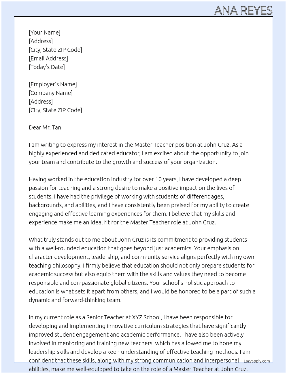 Master Teacher  At John Cruz Cover Letter