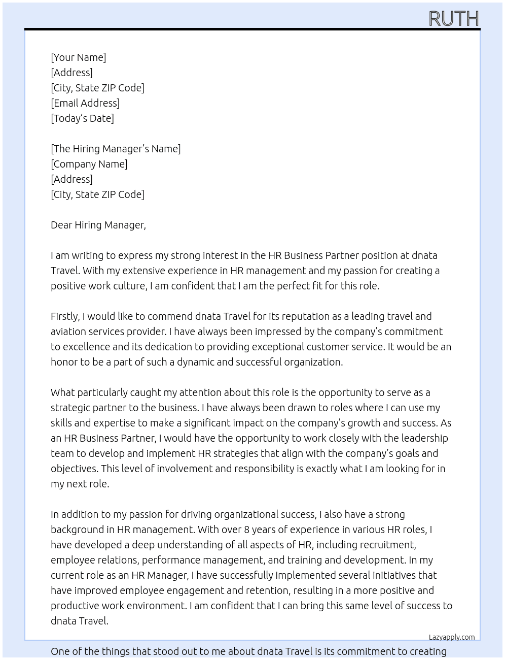 HR Business Partner At dnata Travel Cover Letter