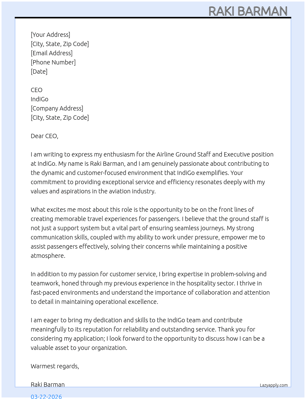 Cover letter for airline ground staff and executive - LazyApply