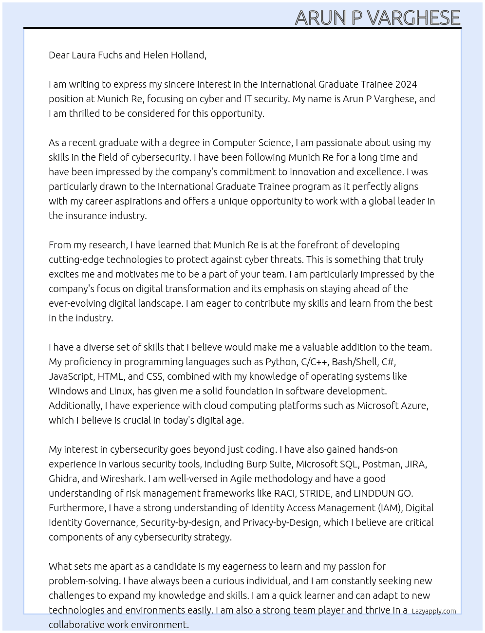 International Graduate Trainee 2024 - focus on cyber / IT security At Munich Re Cover Letter