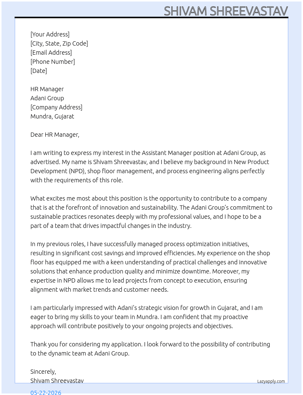 Assistant manager  At Adani group  Cover Letter