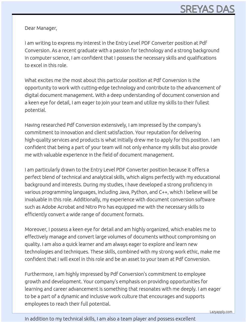 Entry level pdf converter At Pdf conversion Cover Letter