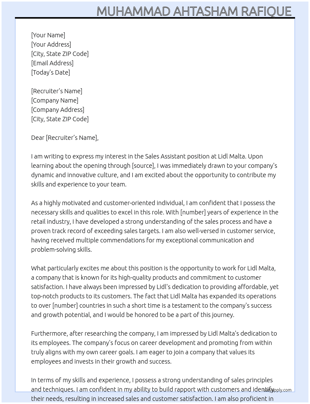 Sales assistant  At Lidl Malta  Cover Letter
